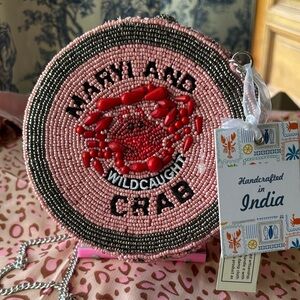 India Boutique Pink Beaded 'Maryland Wildcaught Crab' Shoulder Bag. ONLY ONE!